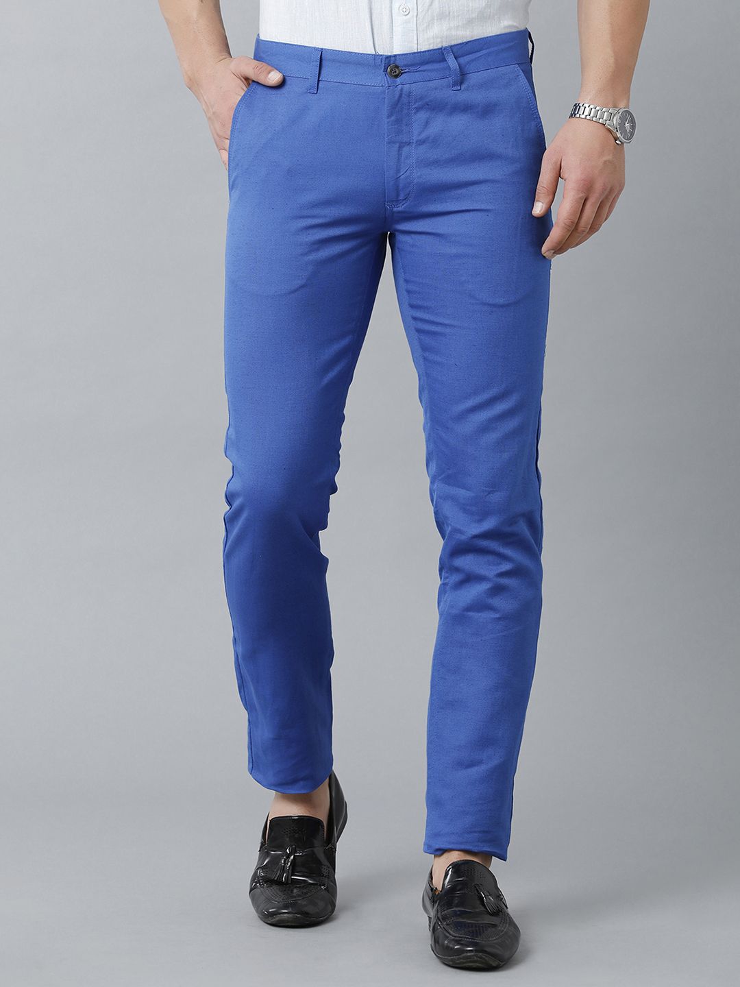 Linen Club Studio Men's Linen Blue Solid Mid-Rise Slim Fit Trouser