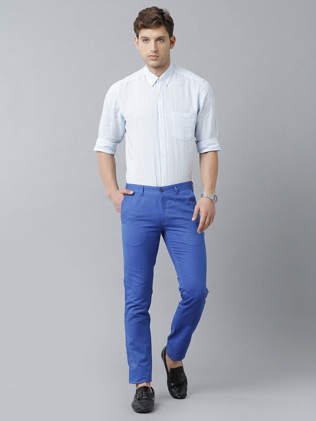 Linen Club Studio Men's Linen Blue Solid Mid-Rise Slim Fit Trouser