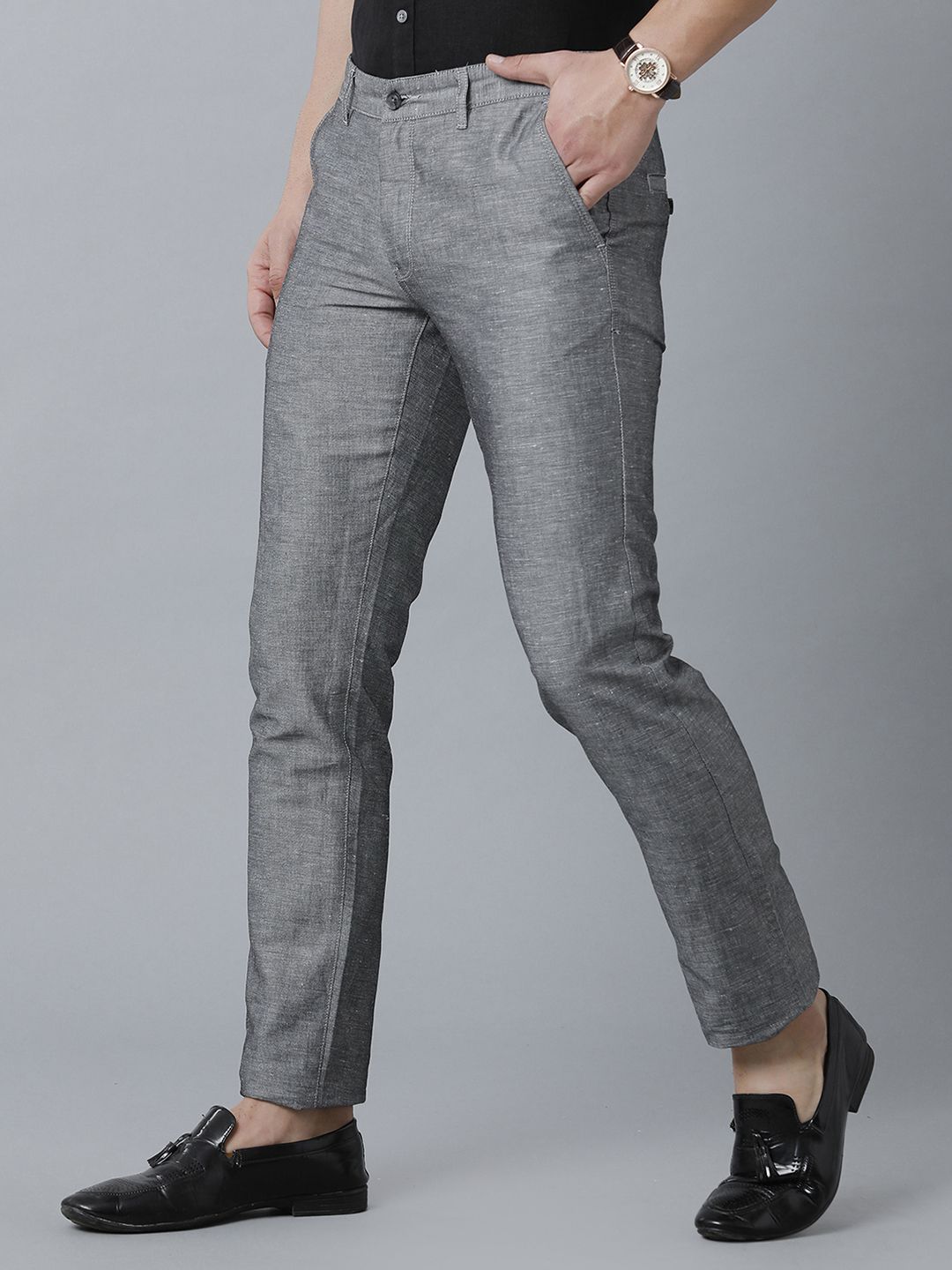 Mens Linen Grey Solid Contemporary Fit Casual Trousers