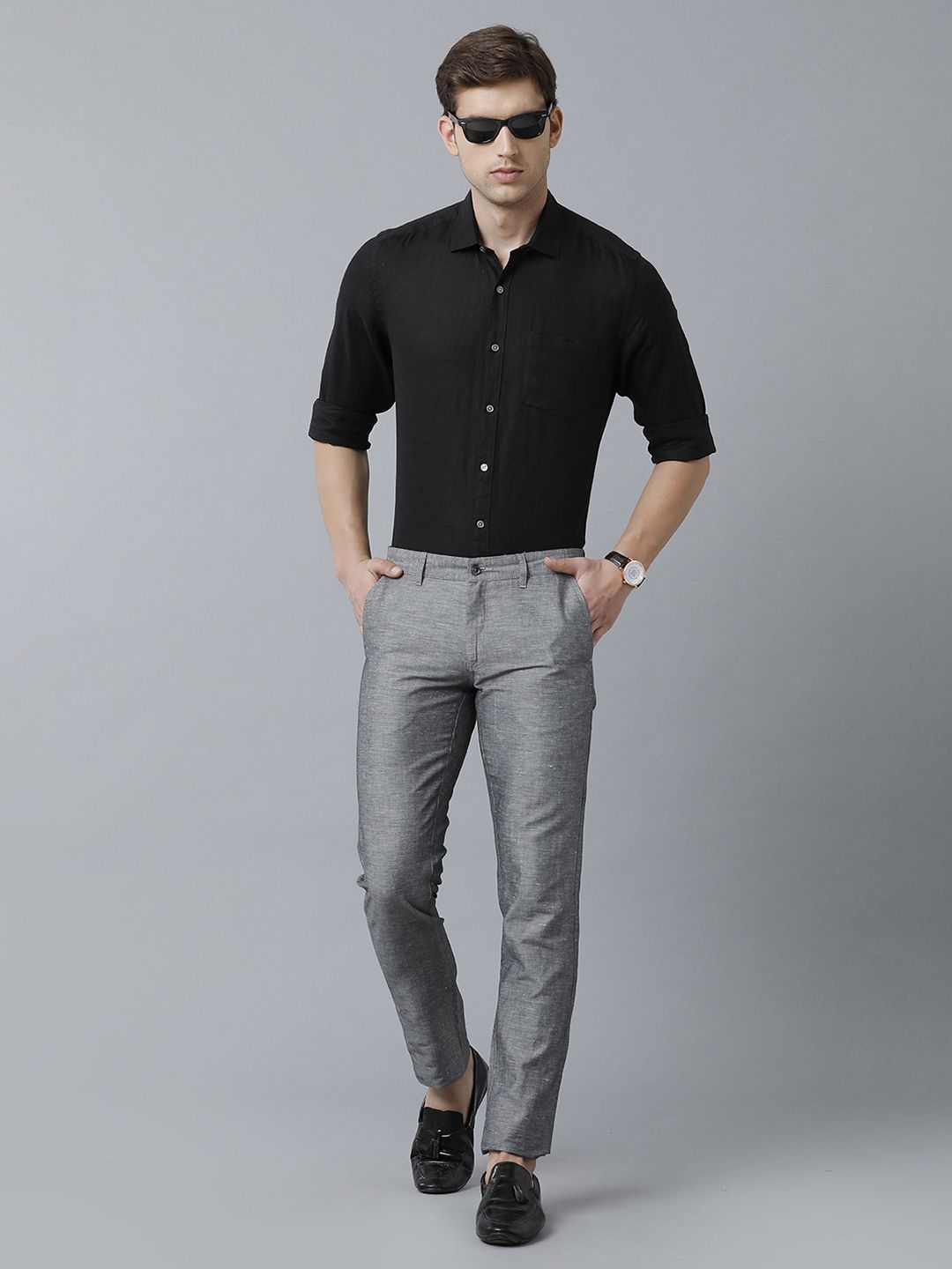 Mens Linen Grey Solid Contemporary Fit Casual Trousers