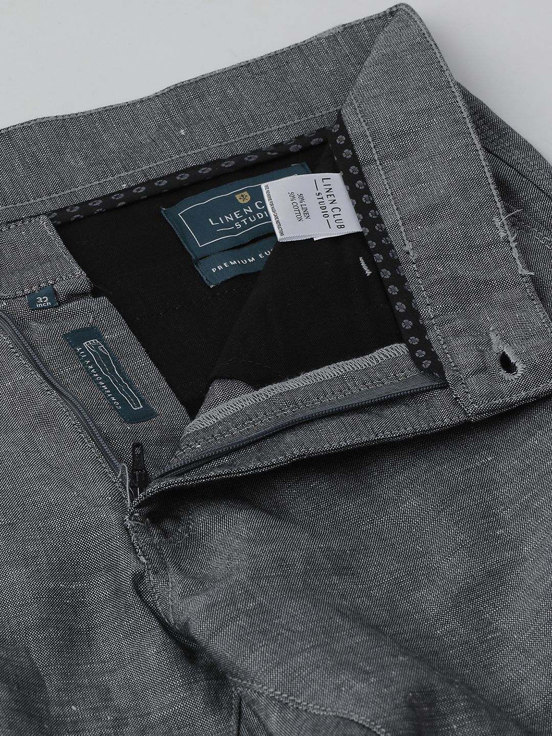 Mens Linen Grey Solid Contemporary Fit Casual Trousers
