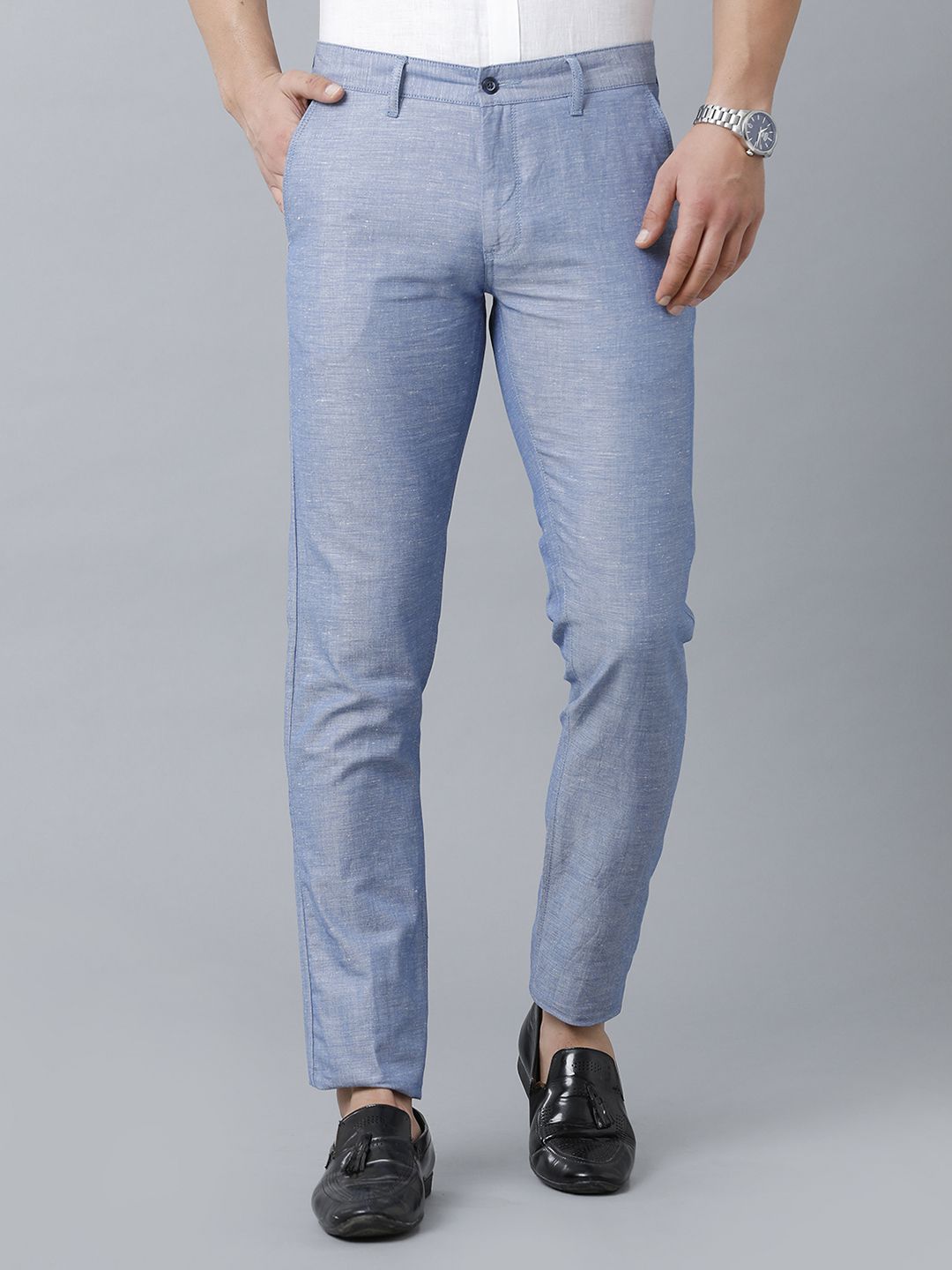 Mens Linen Blue Solid Contemporary Fit Casual Trousers
