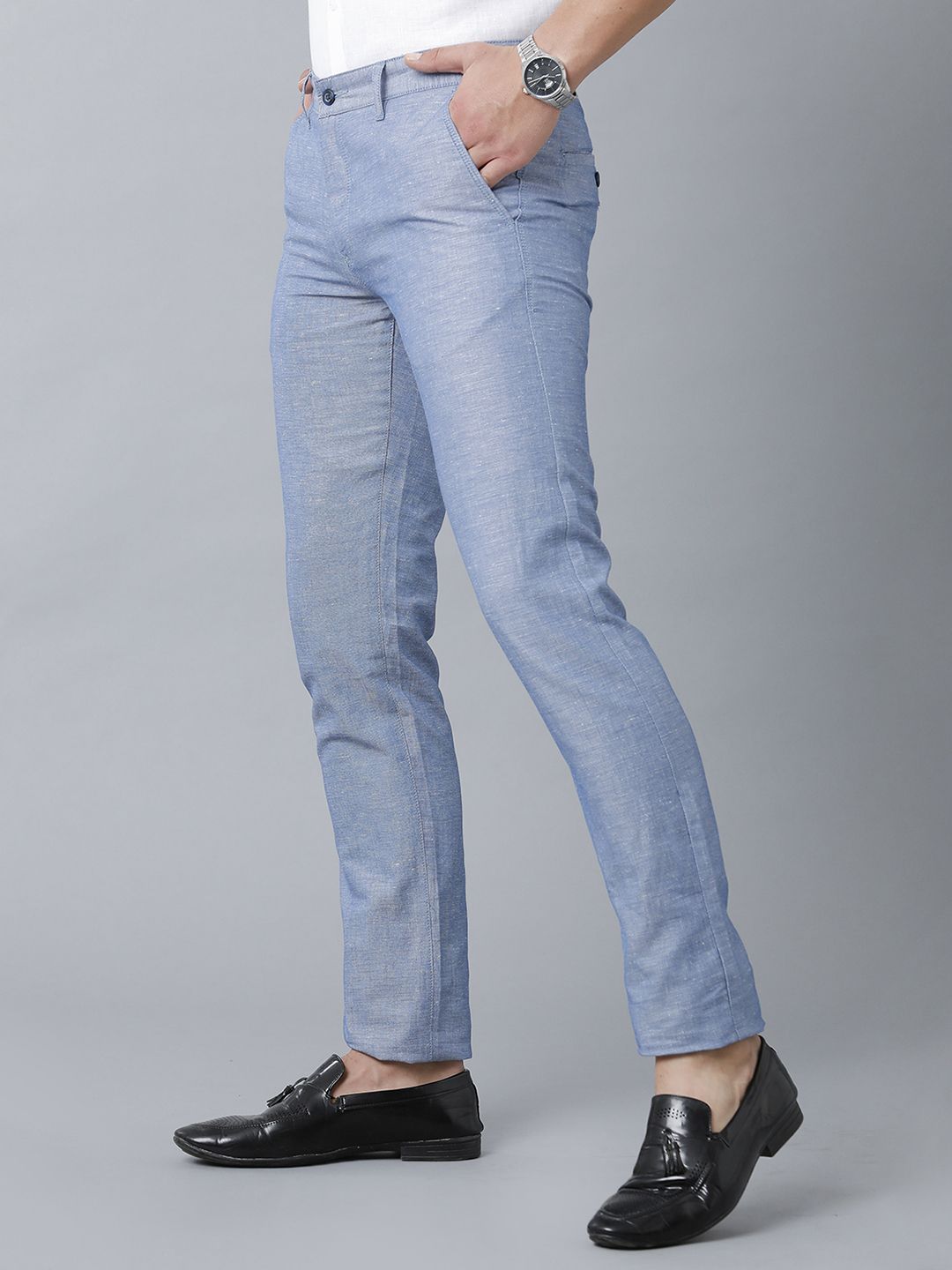 Mens Linen Blue Solid Contemporary Fit Casual Trousers