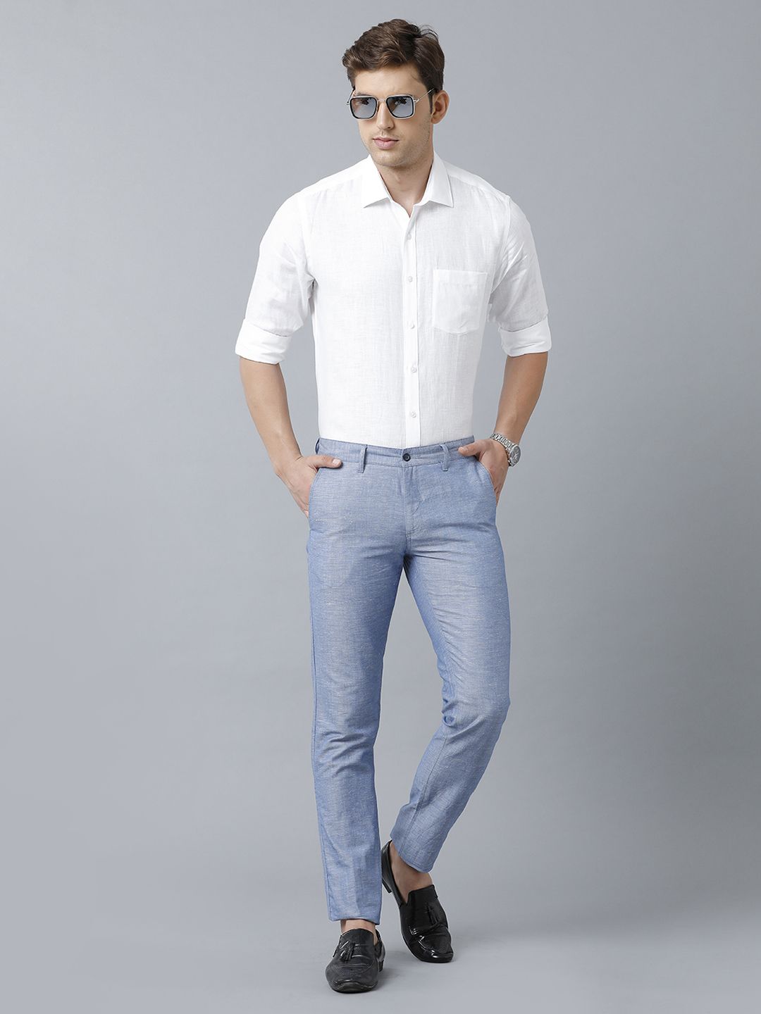 Mens Linen Blue Solid Contemporary Fit Casual Trousers
