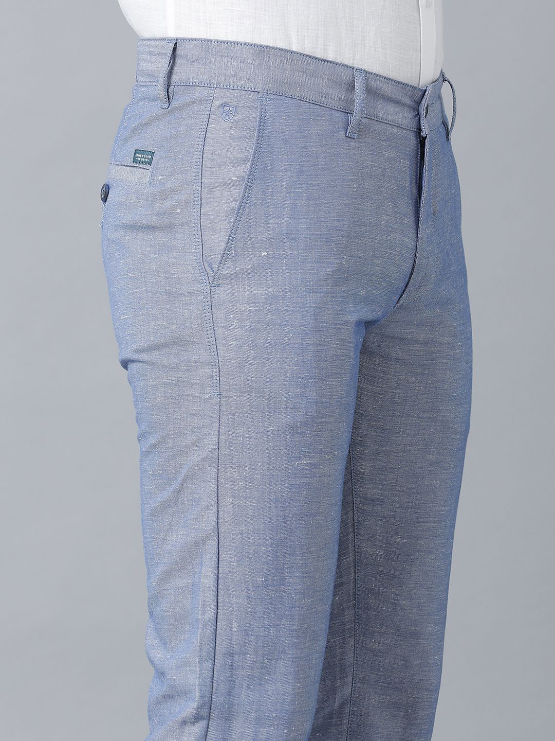 Mens Linen Blue Solid Contemporary Fit Casual Trousers
