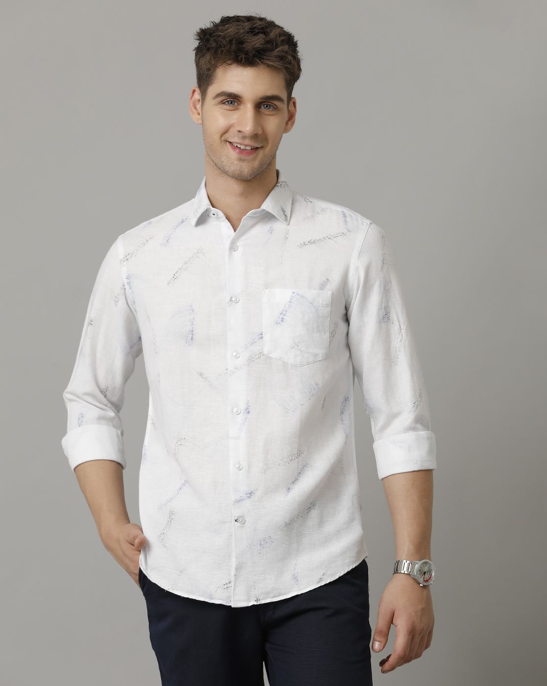 Men's Linen Rich White Printed Contemporary Fit Full Sleeve Sleeve Casual Shirt