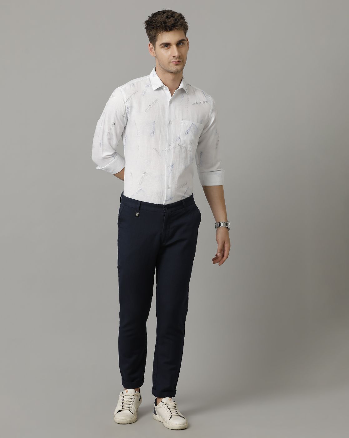 Men's Linen Rich White Printed Contemporary Fit Full Sleeve Sleeve Casual Shirt