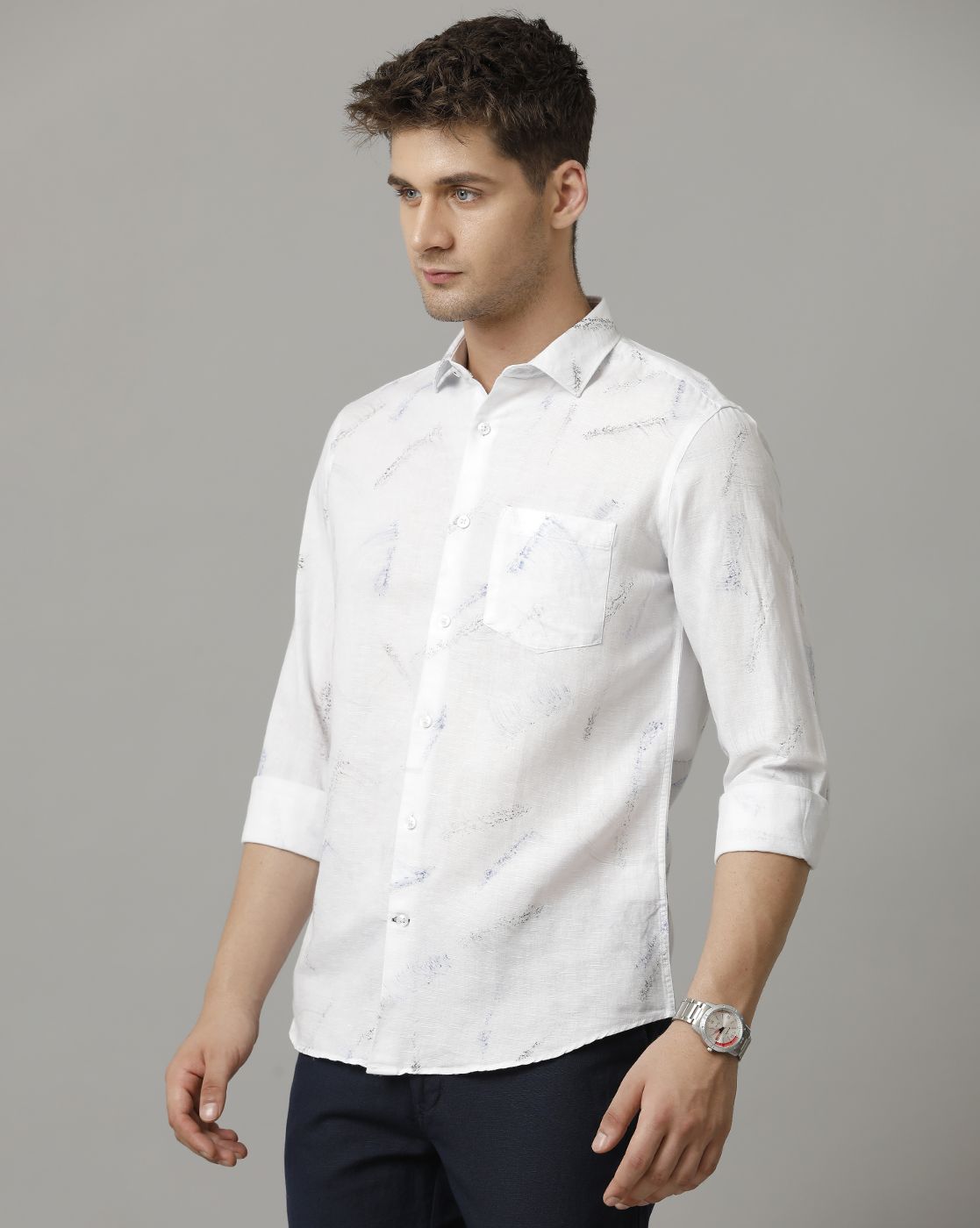 Men's Linen Rich White Printed Contemporary Fit Full Sleeve Sleeve Casual Shirt