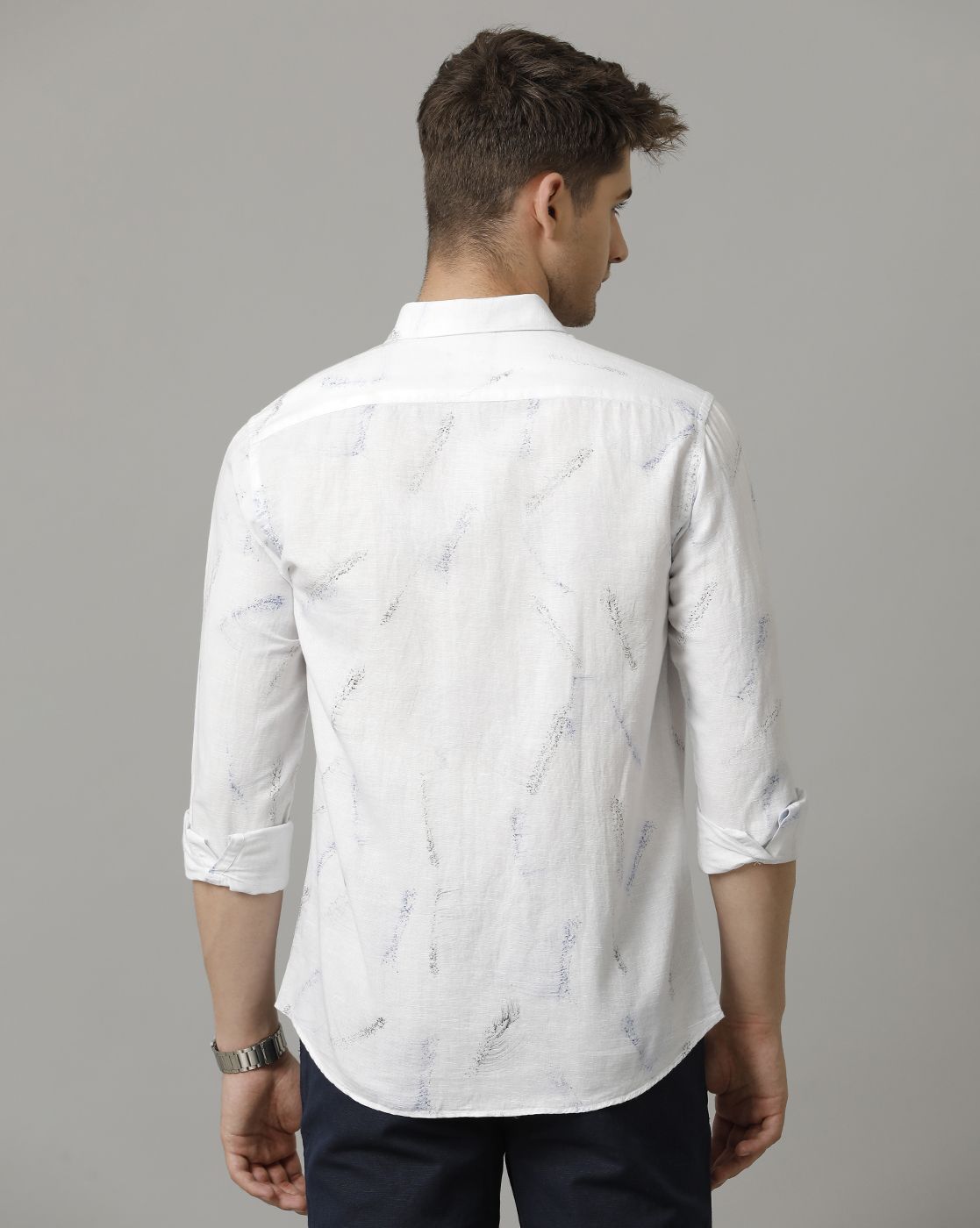 Men's Linen Rich White Printed Contemporary Fit Full Sleeve Sleeve Casual Shirt