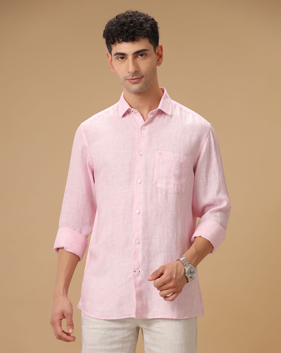 Men's Pure Linen Pink Solid Contemporary Fit Full Sleeve Casual Shirt
