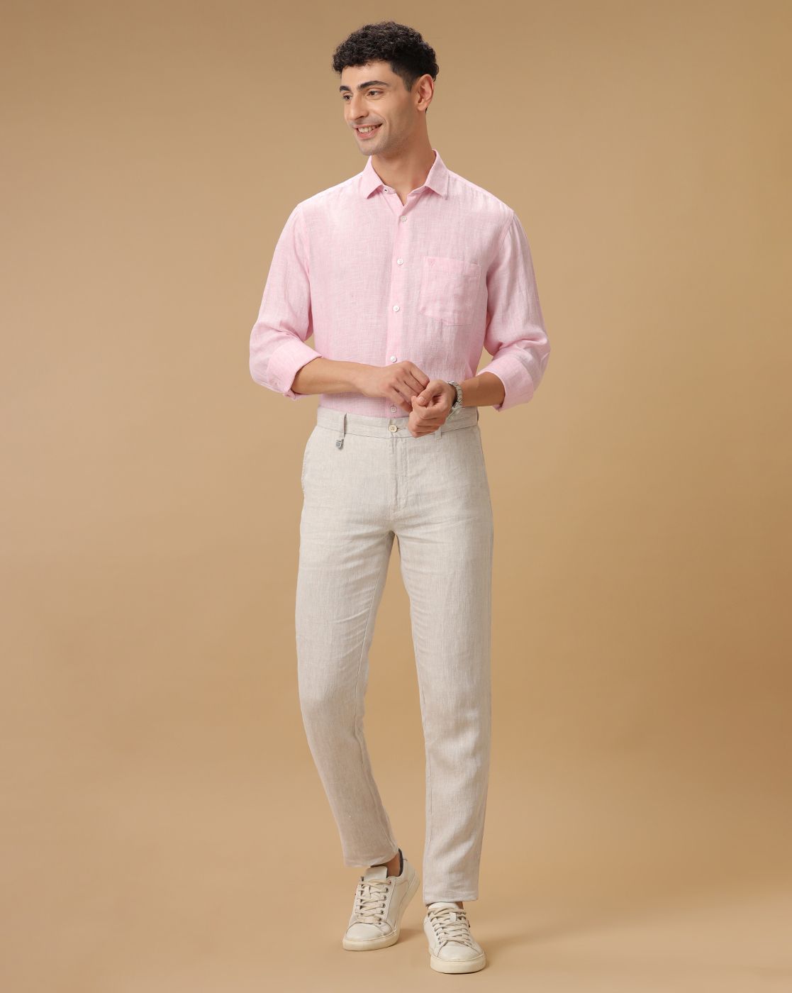 Men's Pure Linen Pink Solid Contemporary Fit Full Sleeve Casual Shirt