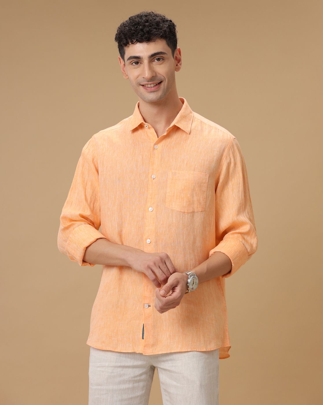 Men's Pure Linen Orange Solid Contemporary Fit Full Sleeve Casual Shirt