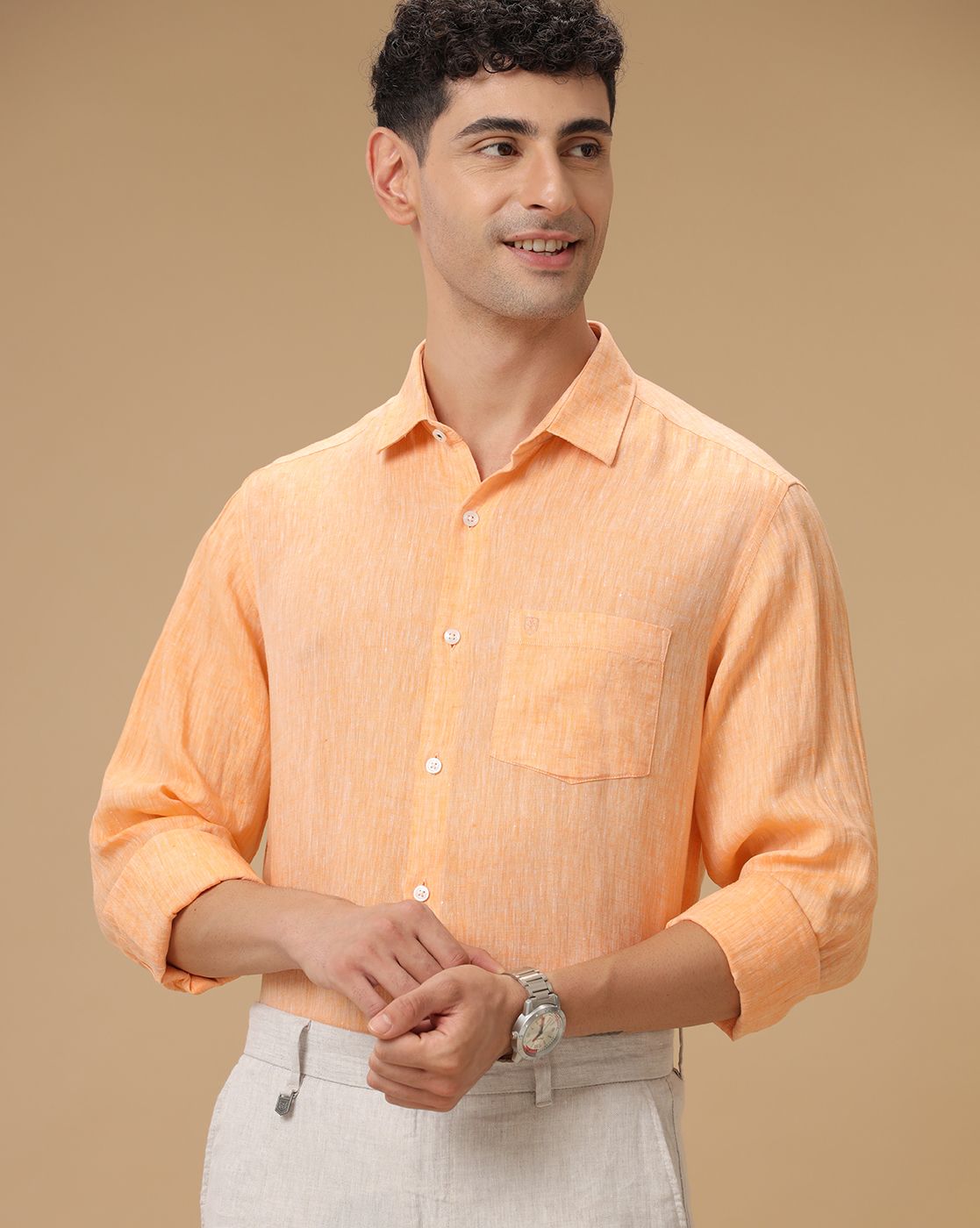 Men's Pure Linen Orange Solid Contemporary Fit Full Sleeve Casual Shirt