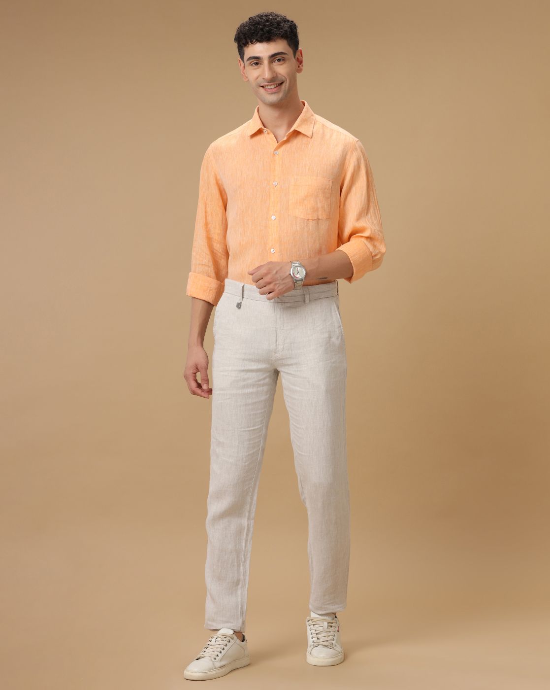 Men's Pure Linen Orange Solid Contemporary Fit Full Sleeve Casual Shirt