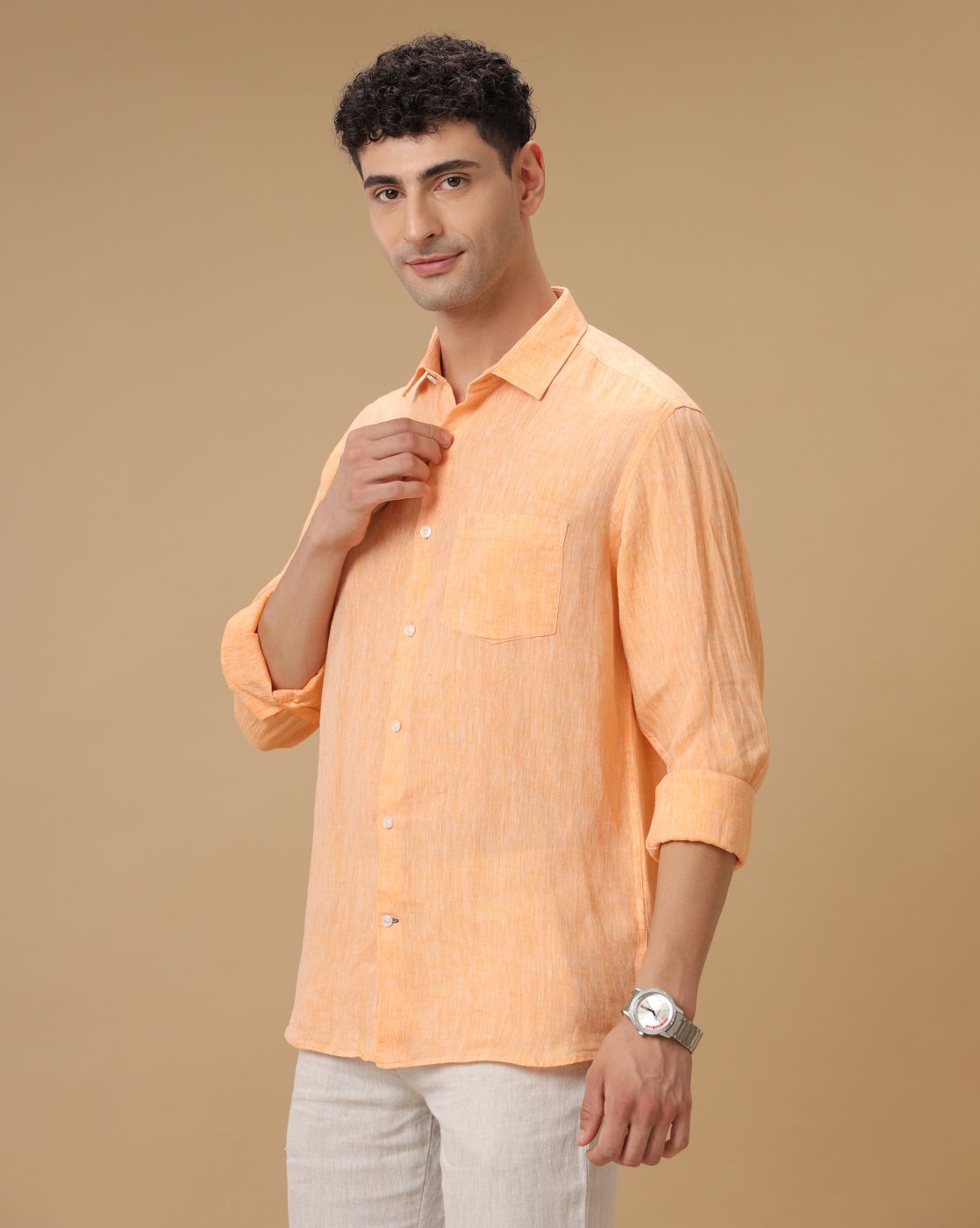 Men's Pure Linen Orange Solid Contemporary Fit Full Sleeve Casual Shirt