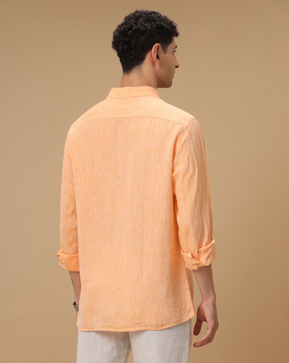 Men's Pure Linen Orange Solid Contemporary Fit Full Sleeve Casual Shirt