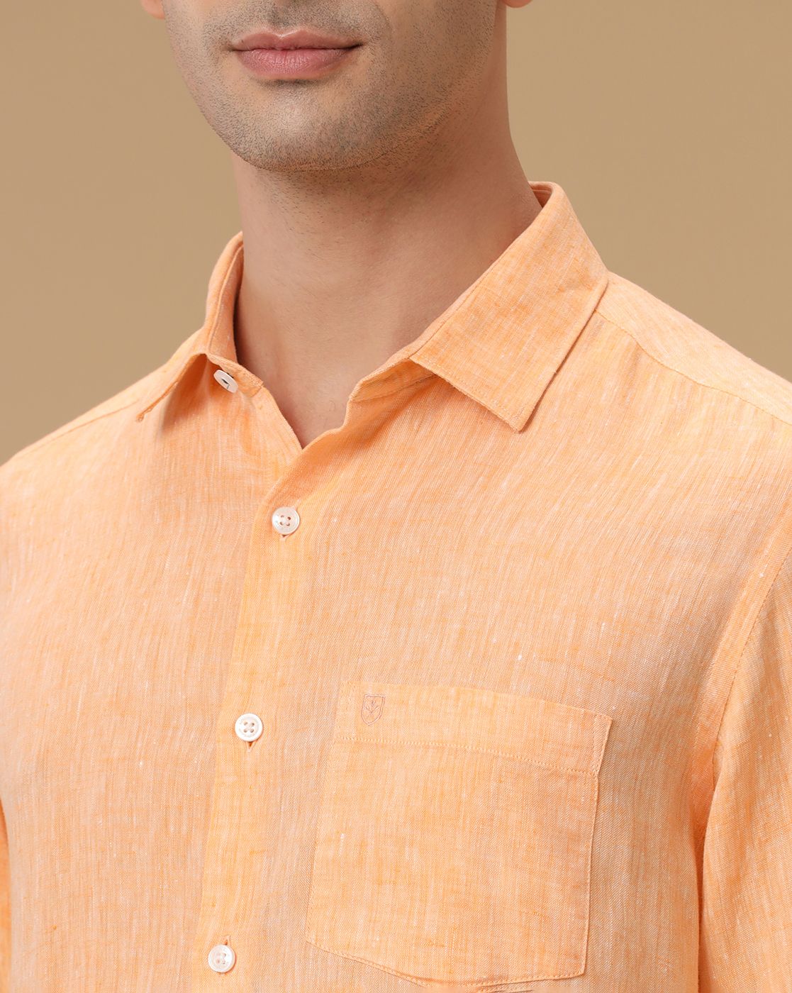 Men's Pure Linen Orange Solid Contemporary Fit Full Sleeve Casual Shirt