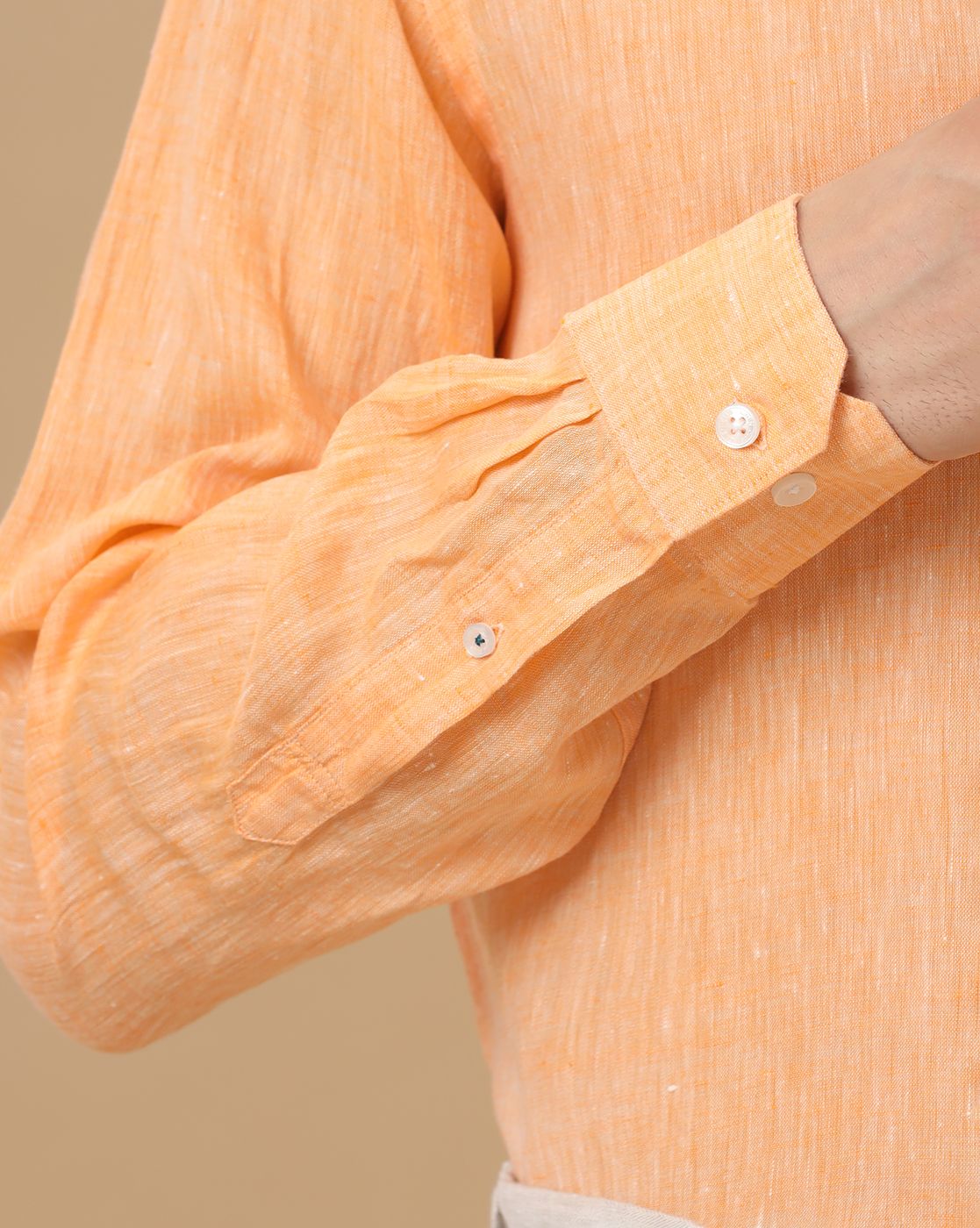 Men's Pure Linen Orange Solid Contemporary Fit Full Sleeve Casual Shirt