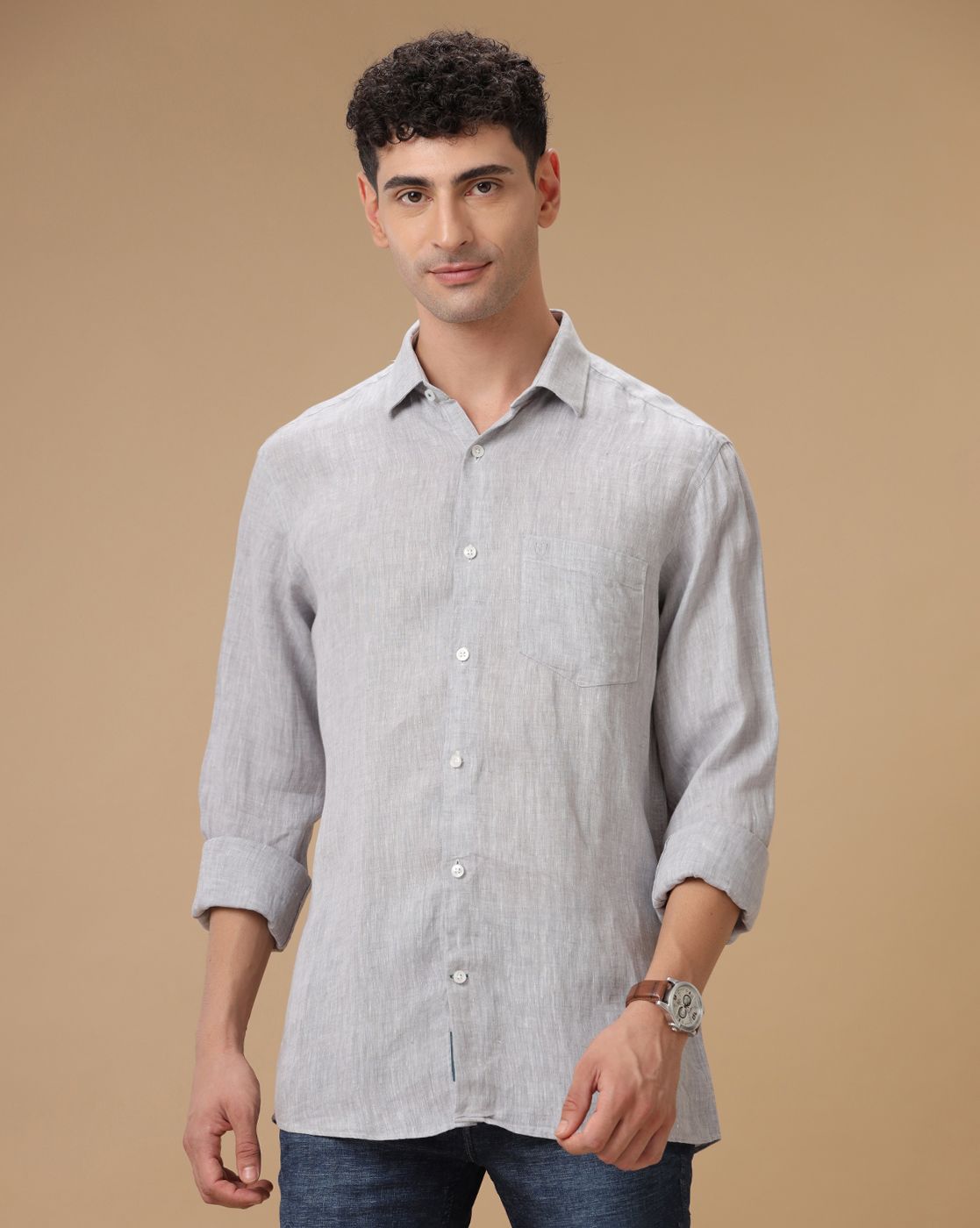 Men's Pure Linen Grey Solid Contemporary Fit Full Sleeve Casual Shirt