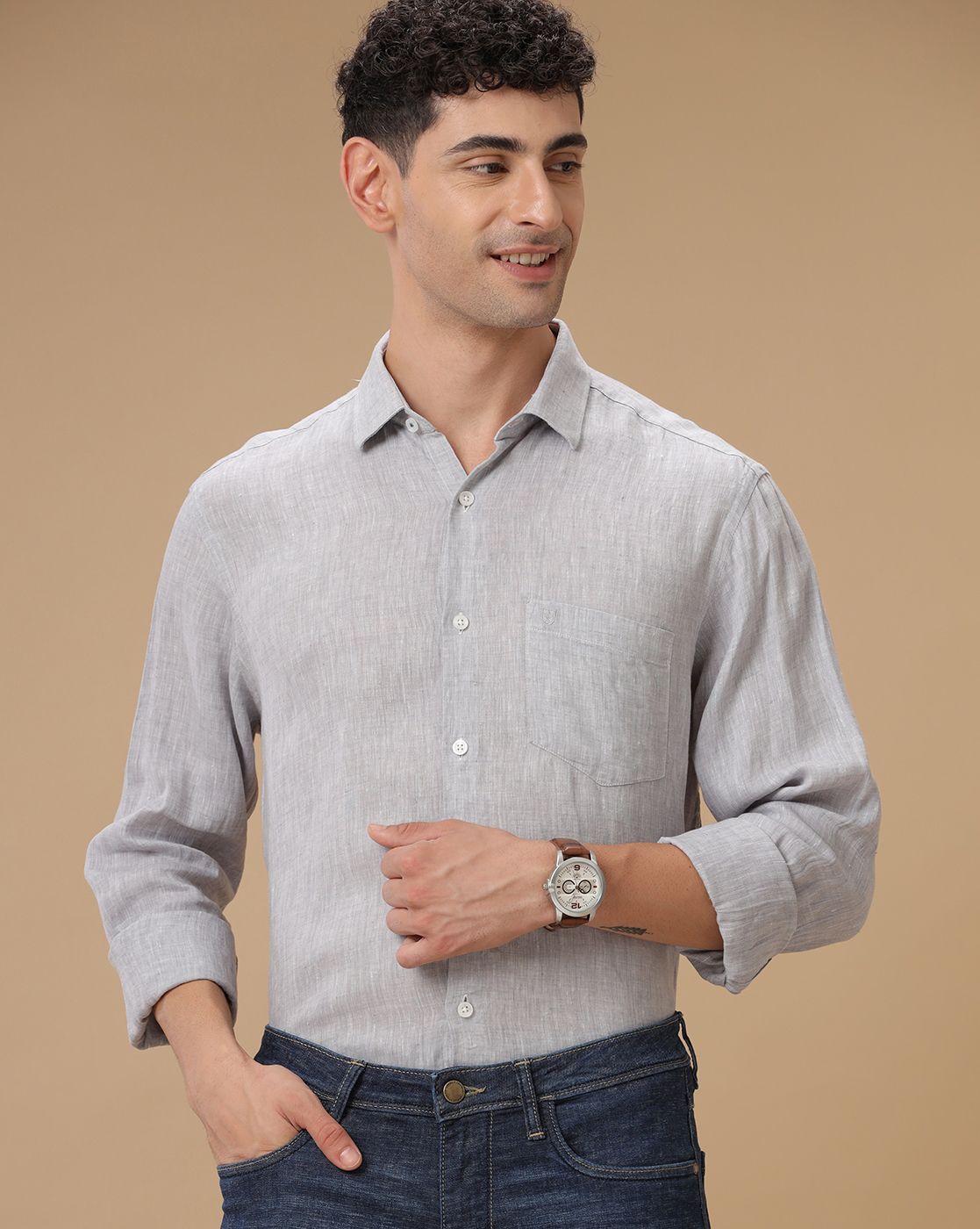 Men's Pure Linen Grey Solid Contemporary Fit Full Sleeve Casual Shirt