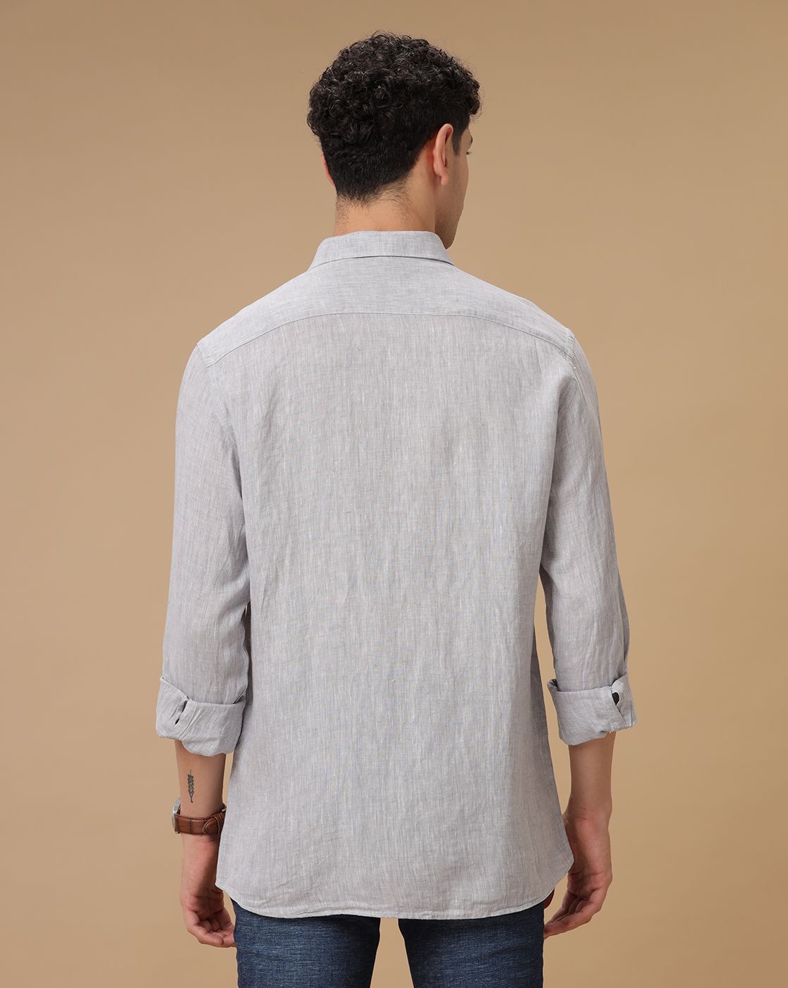 Men's Pure Linen Grey Solid Contemporary Fit Full Sleeve Casual Shirt