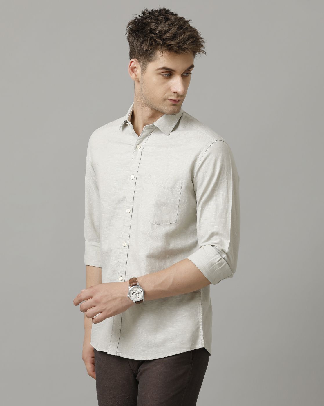Men's Linen Rich Green Solid Contemporary Fit Full Sleeve Sleeve Casual Shirt