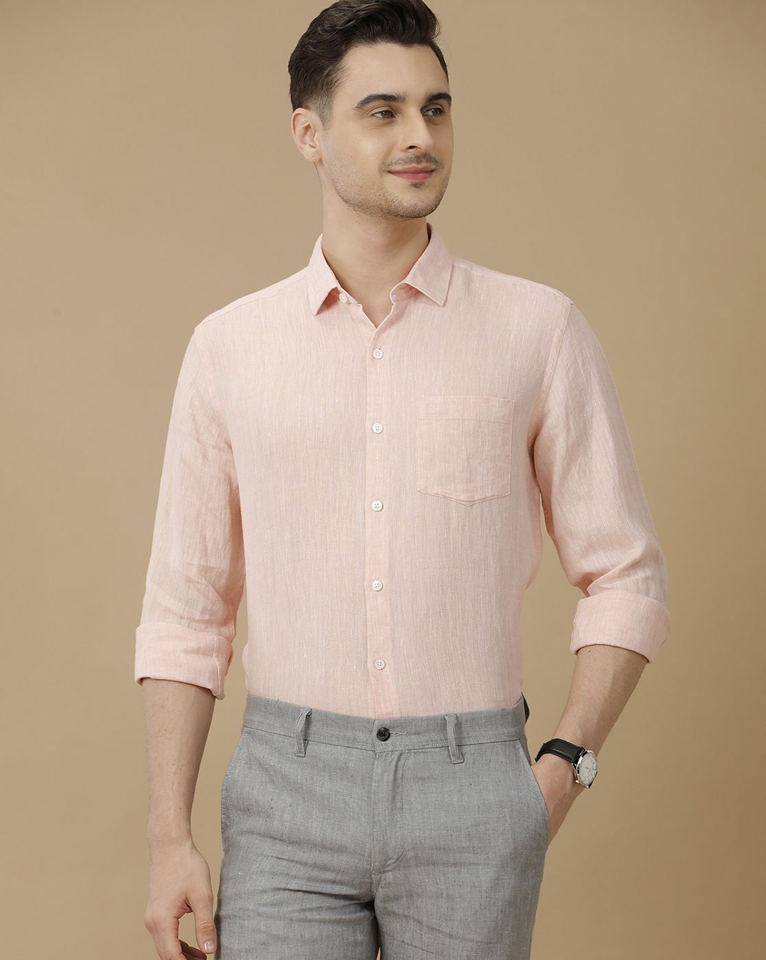 Men's Pure Linen Orange Solid Contemporary Fit Full Sleeve Casual Shirt