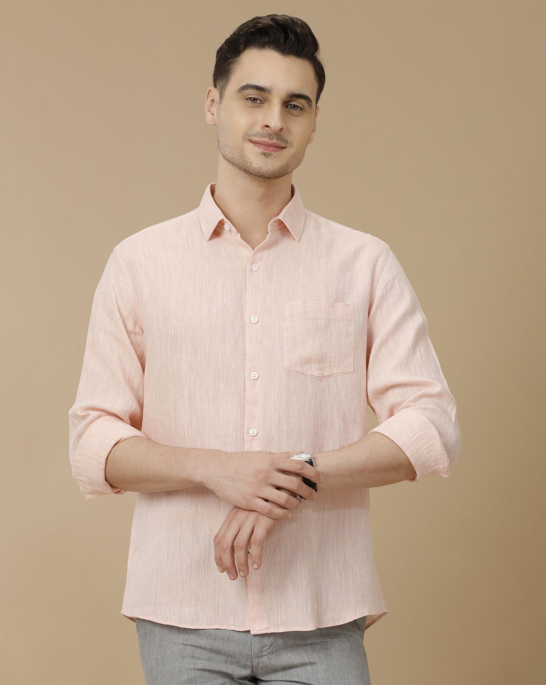 Men's Pure Linen Orange Solid Contemporary Fit Full Sleeve Casual Shirt