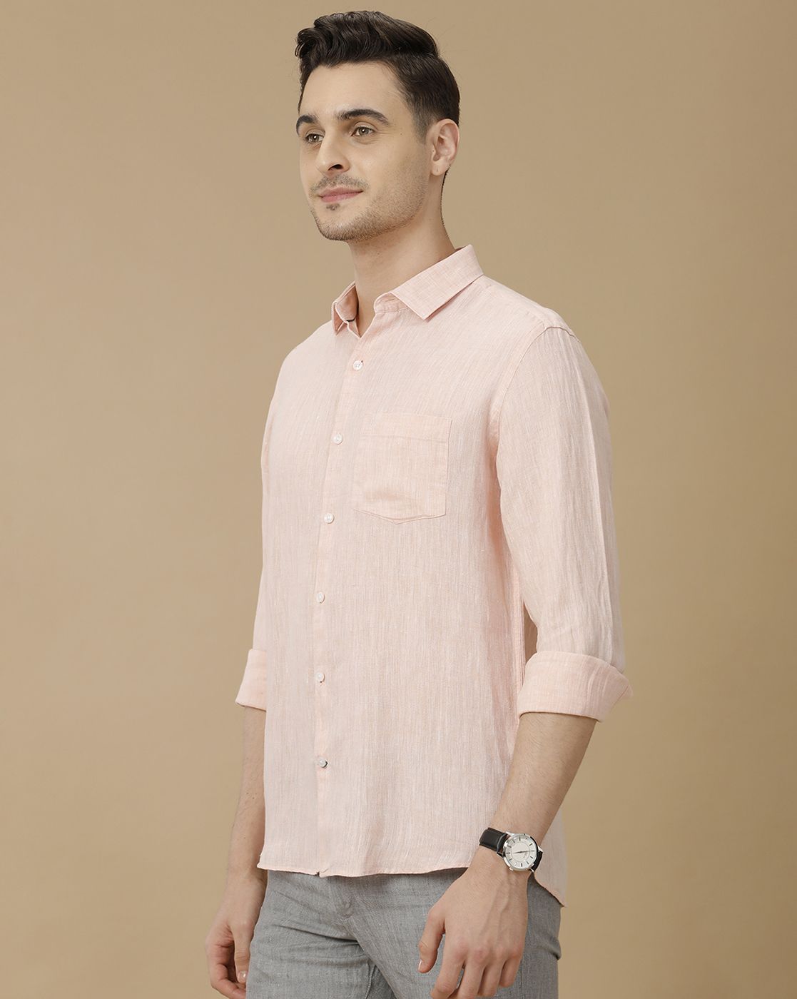 Men's Pure Linen Orange Solid Contemporary Fit Full Sleeve Casual Shirt