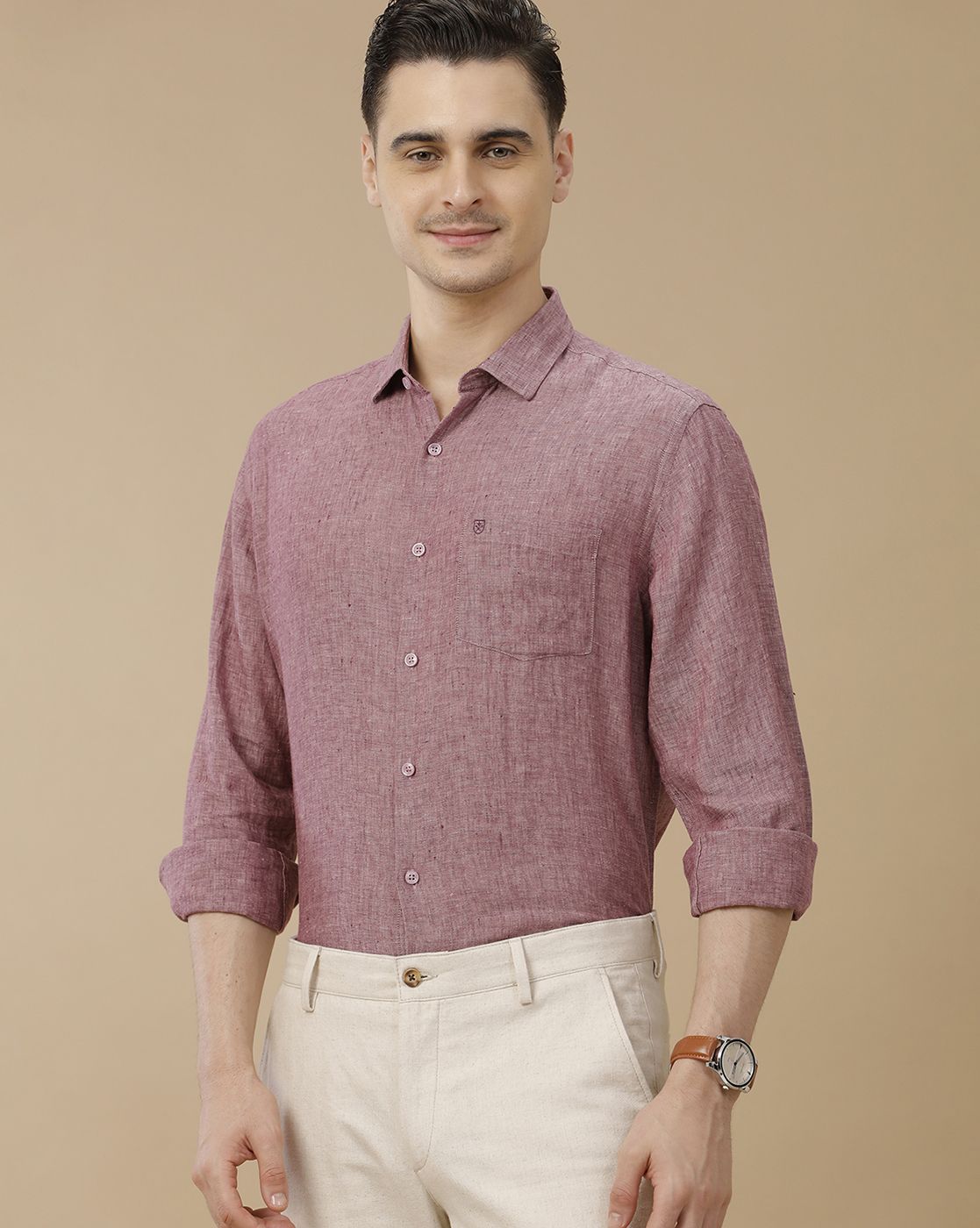 Men's Pure Linen Purple Solid Contemporary Fit Full Sleeve Casual Shirt
