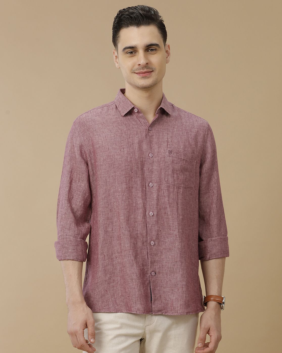 Men's Pure Linen Purple Solid Contemporary Fit Full Sleeve Casual Shirt