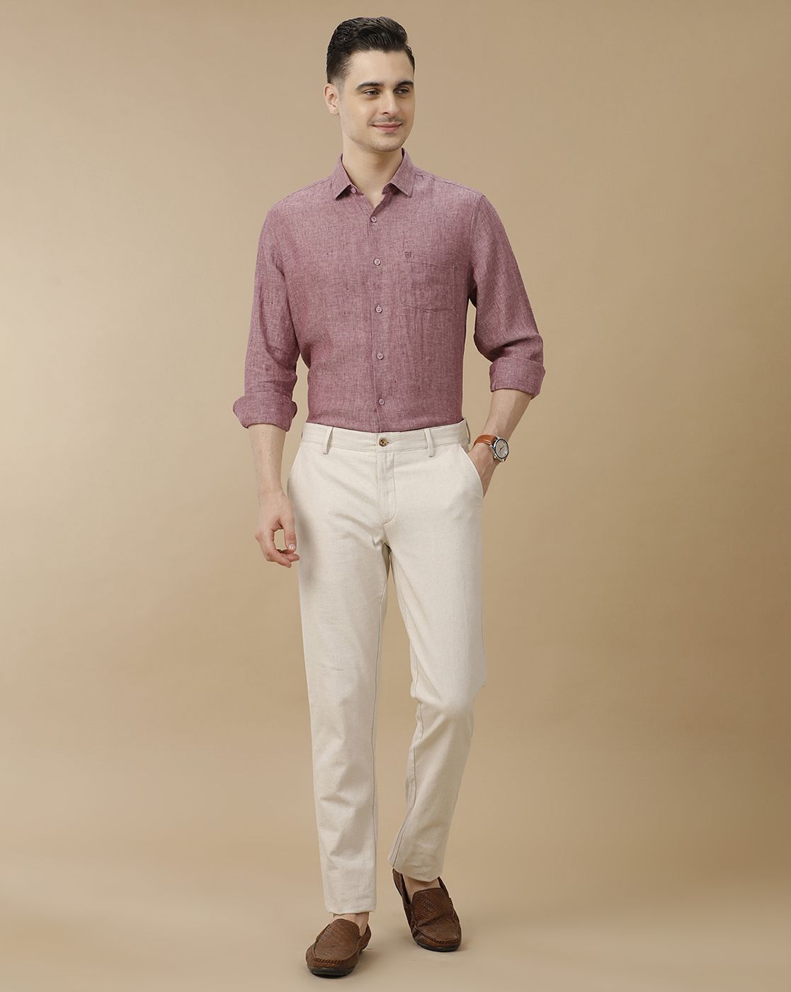 Men's Pure Linen Purple Solid Contemporary Fit Full Sleeve Casual Shirt