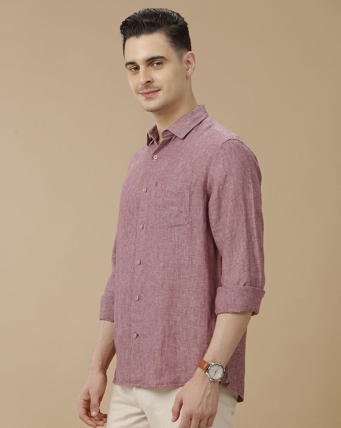 Men's Pure Linen Purple Solid Contemporary Fit Full Sleeve Casual Shirt