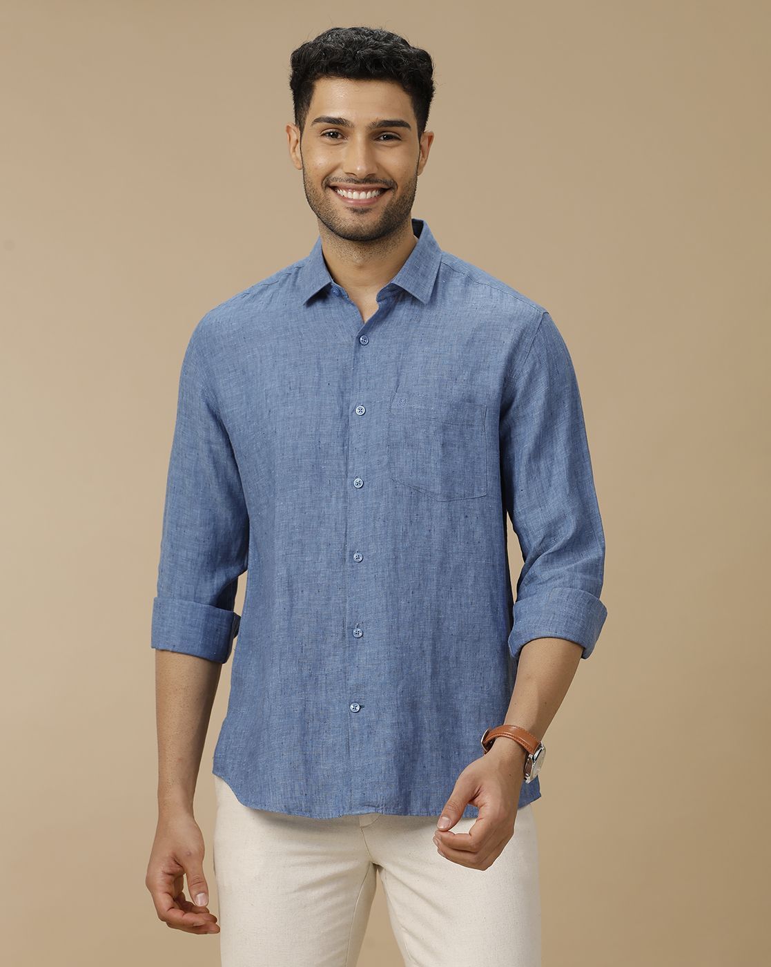 Men's Pure Linen Blue Solid Contemporary Fit Full Sleeve Casual Shirt