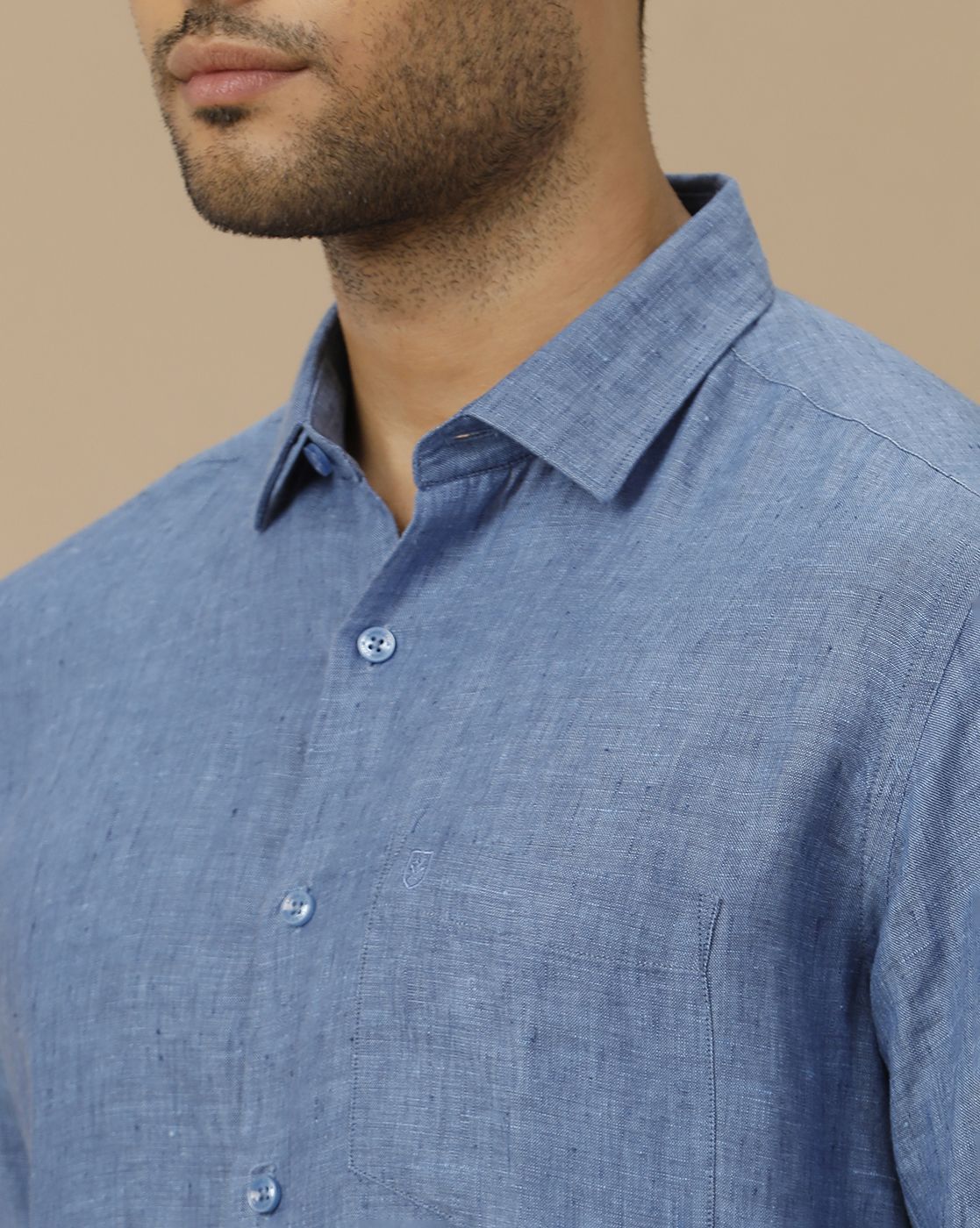 Men's Pure Linen Blue Solid Contemporary Fit Full Sleeve Casual Shirt