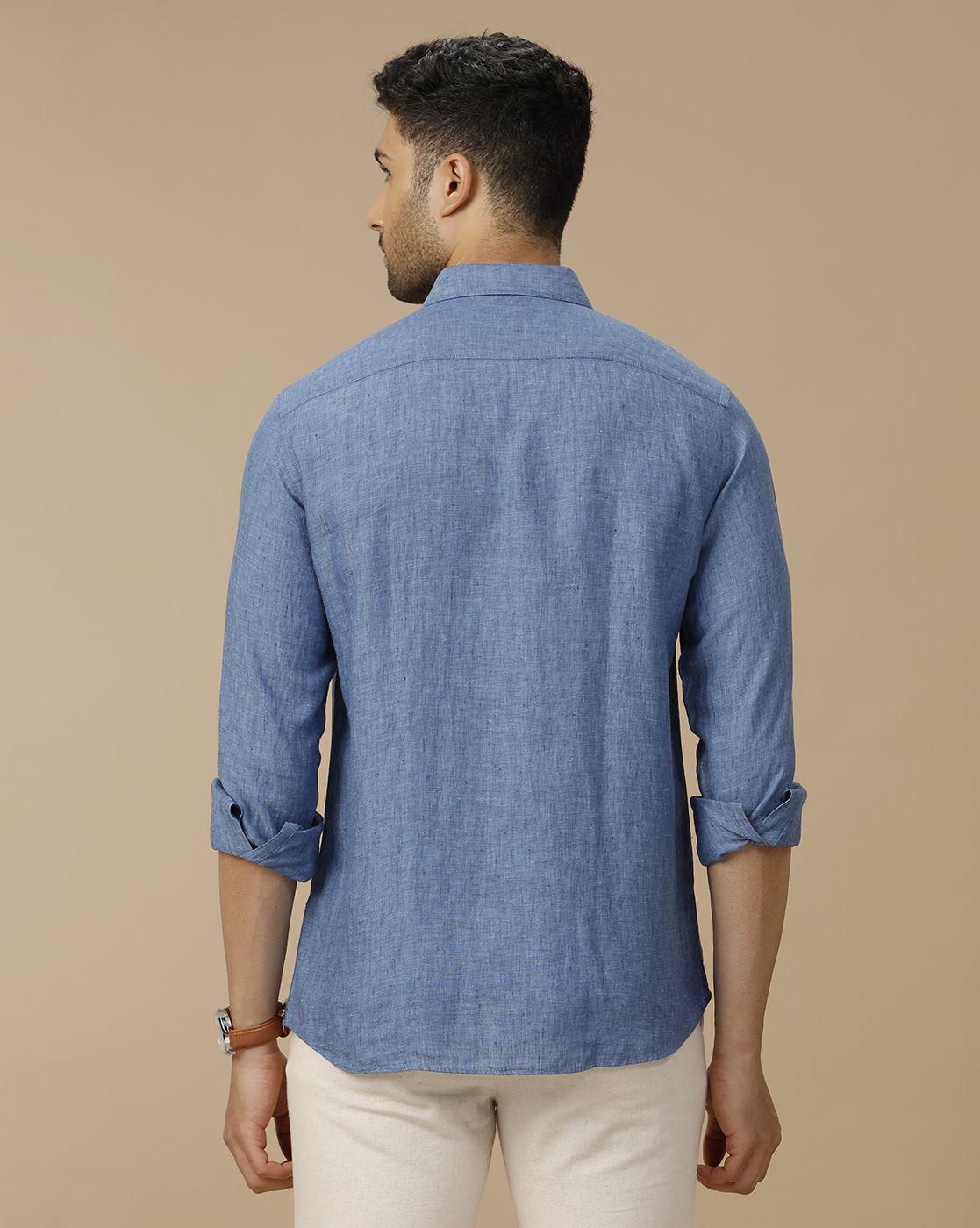 Men's Pure Linen Blue Solid Contemporary Fit Full Sleeve Casual Shirt
