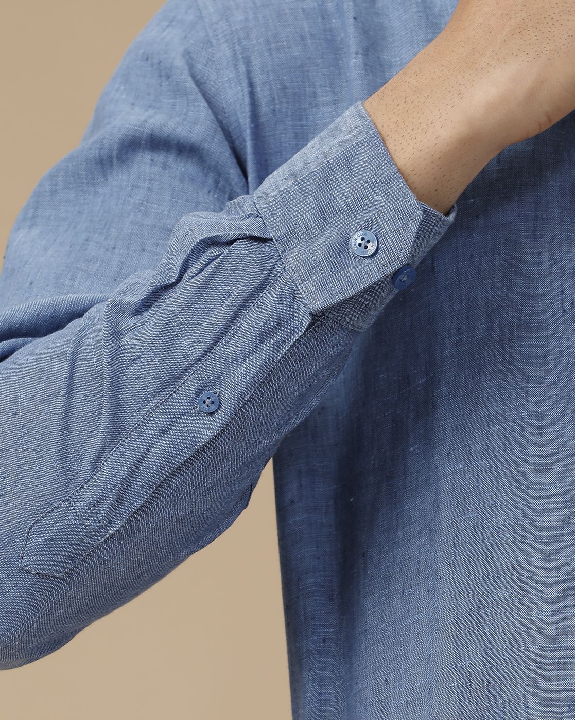 Men's Pure Linen Blue Solid Contemporary Fit Full Sleeve Casual Shirt