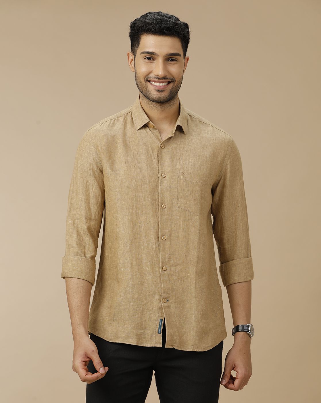 Men's Pure Linen Brown Solid Contemporary Fit Full Sleeve Casual Shirt