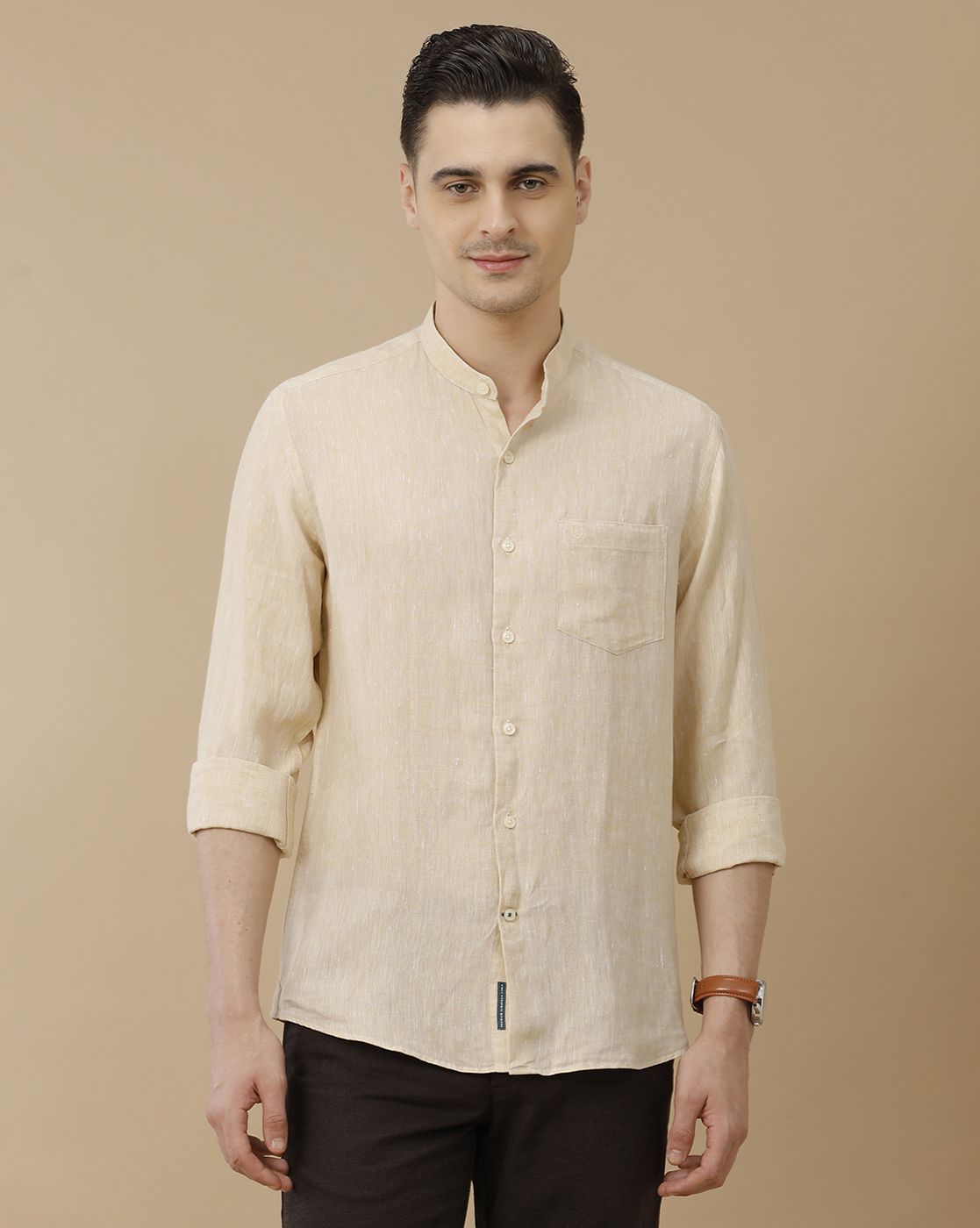 Men's Pure Linen Yellow Solid Contemporary Fit Full Sleeve Casual Shirt