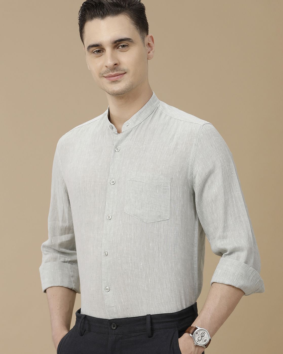 Men's Pure Linen Green Solid Contemporary Fit Full Sleeve Casual Shirt