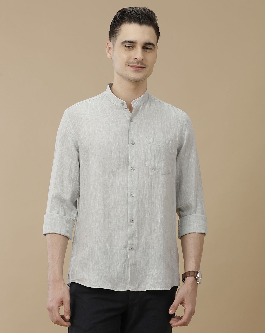 Men's Pure Linen Green Solid Contemporary Fit Full Sleeve Casual Shirt