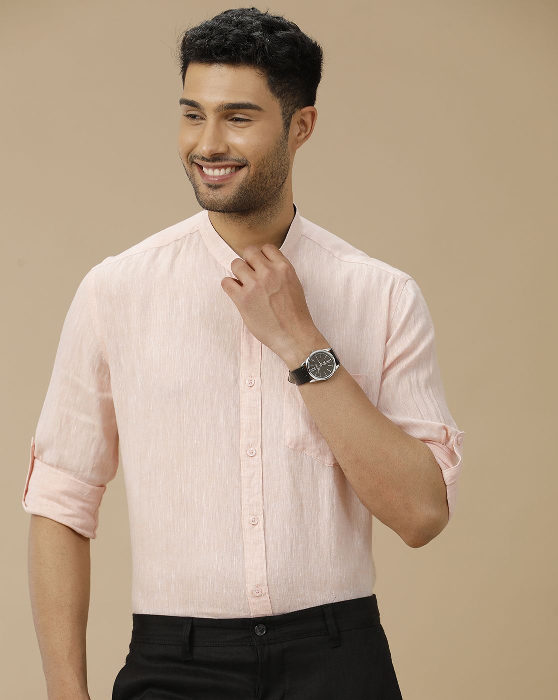Men's Pure Linen Orange Solid Contemporary Fit Full Sleeve Casual Shirt
