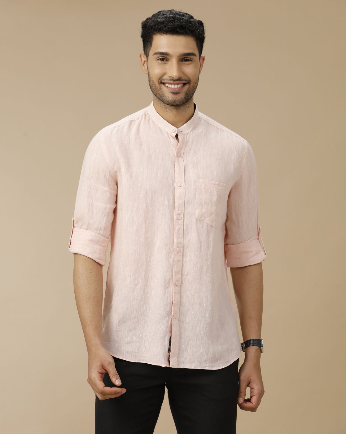 Men's Pure Linen Orange Solid Contemporary Fit Full Sleeve Casual Shirt