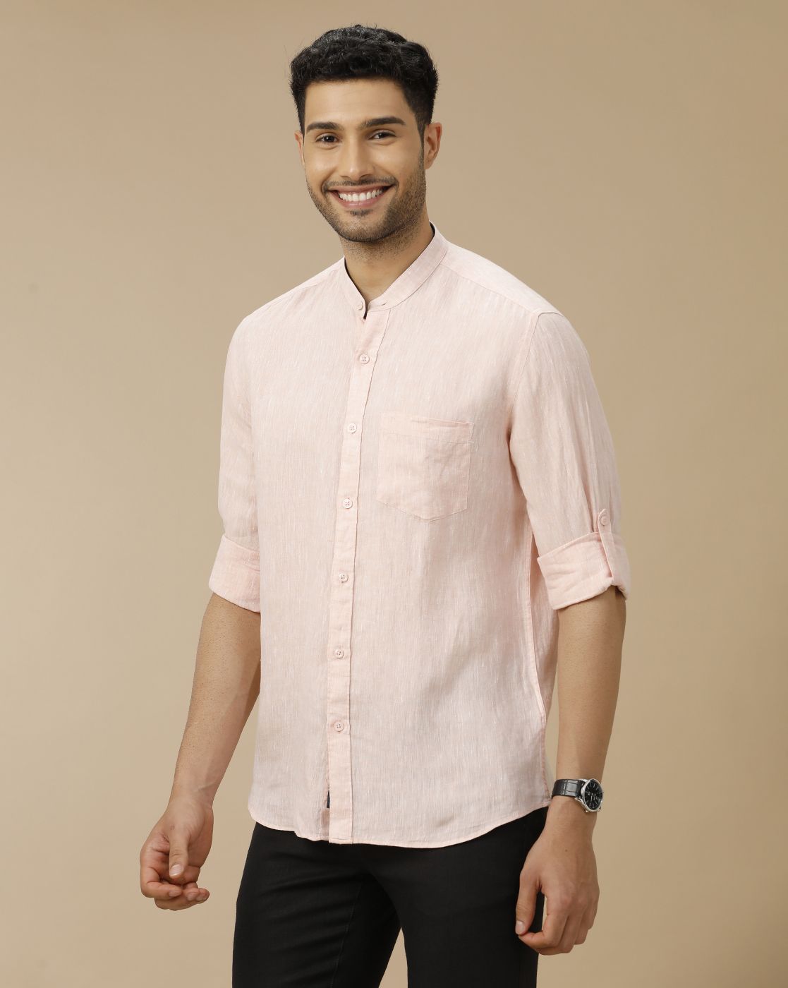 Men's Pure Linen Orange Solid Contemporary Fit Full Sleeve Casual Shirt