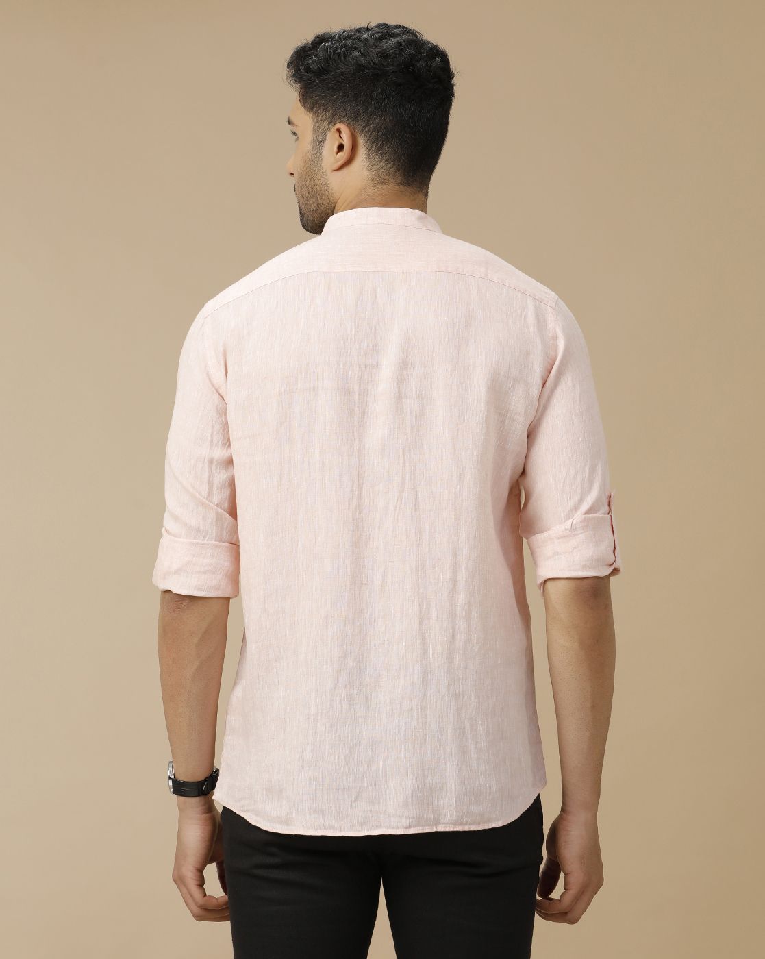 Men's Pure Linen Orange Solid Contemporary Fit Full Sleeve Casual Shirt
