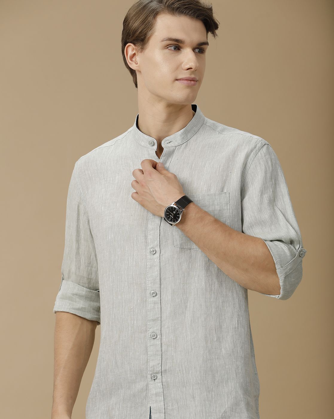 Men's Pure Linen Green Solid Contemporary Fit Full Sleeve Casual Shirt