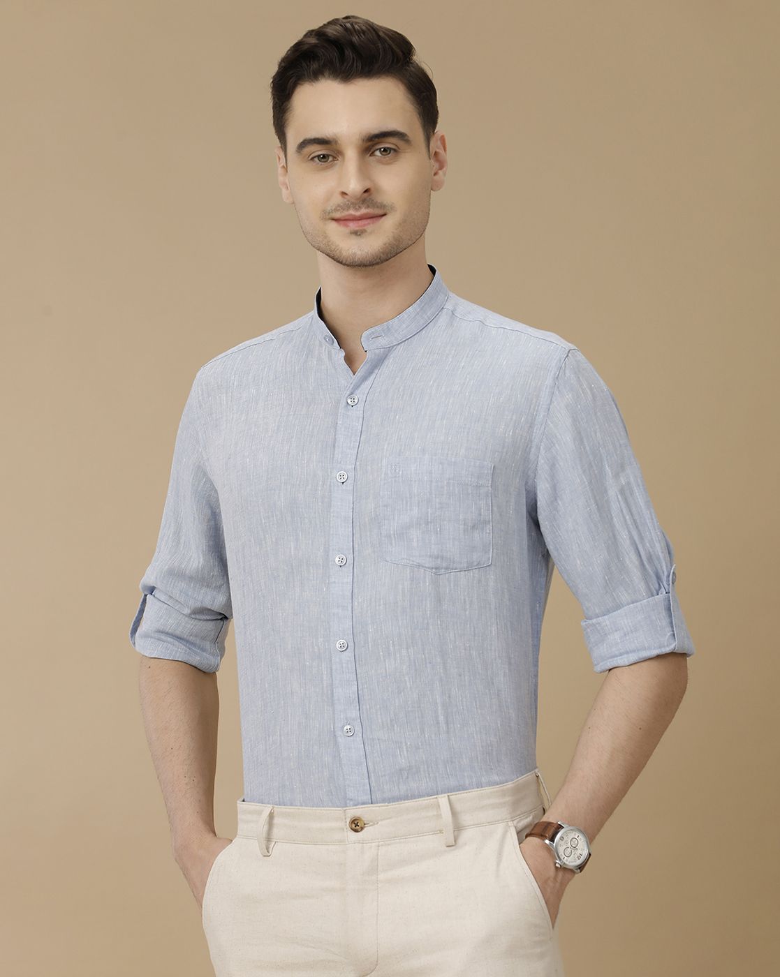 Men's Pure Linen Blue Solid Contemporary Fit Full Sleeve Casual Shirt