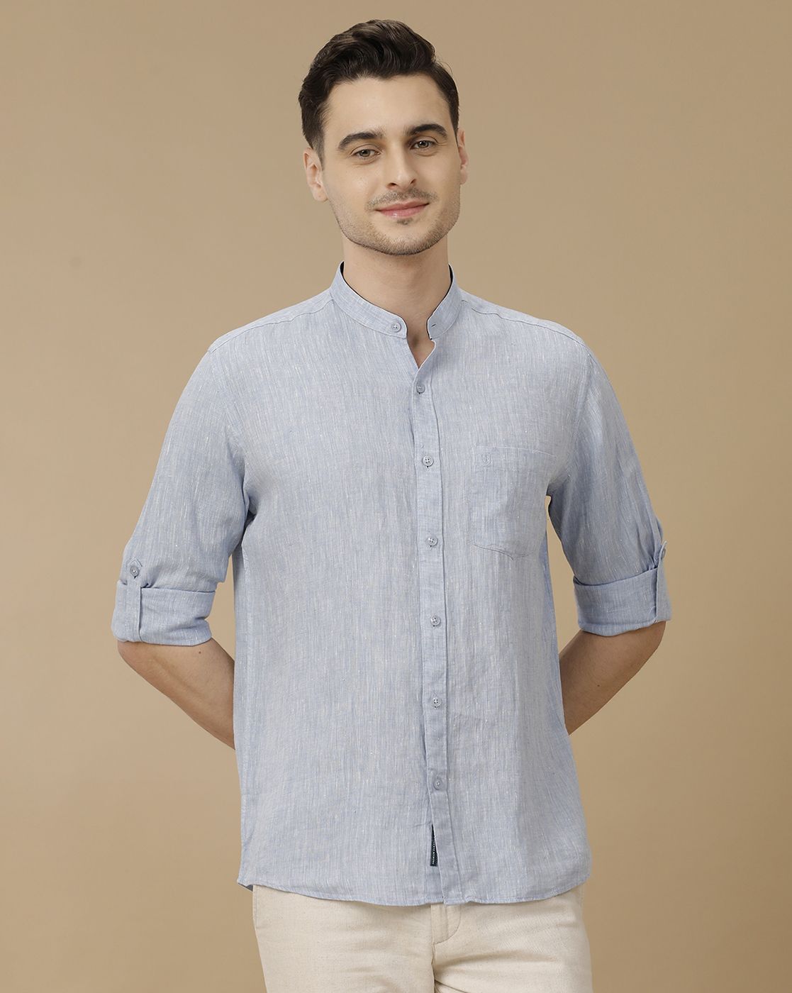 Men's Pure Linen Blue Solid Contemporary Fit Full Sleeve Casual Shirt