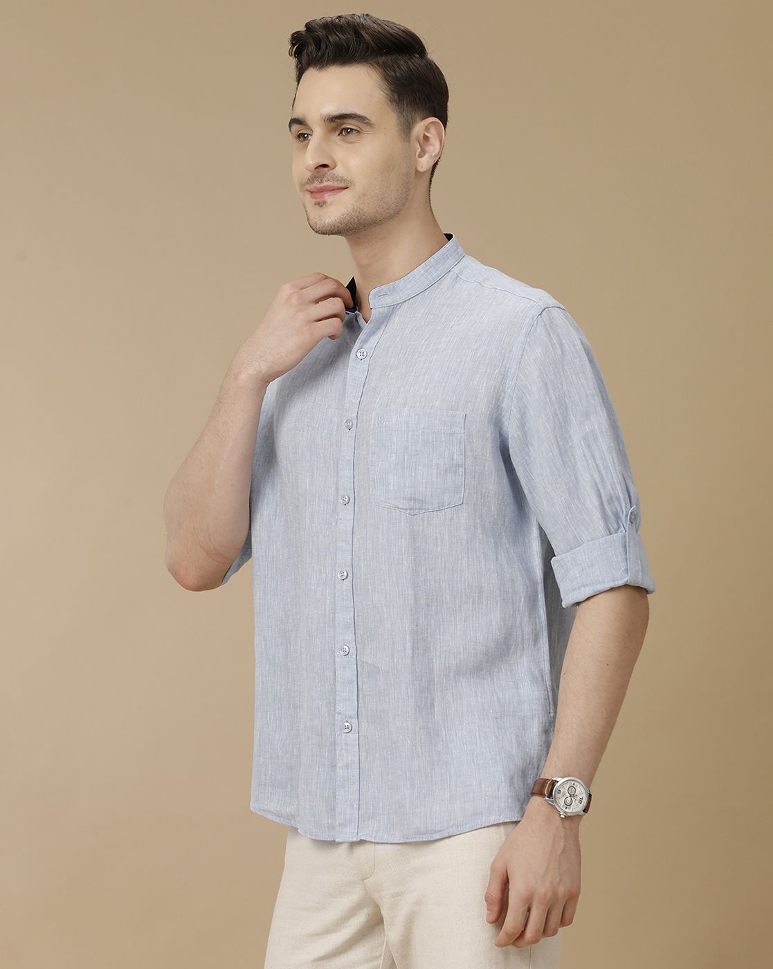 Men's Pure Linen Blue Solid Contemporary Fit Full Sleeve Casual Shirt