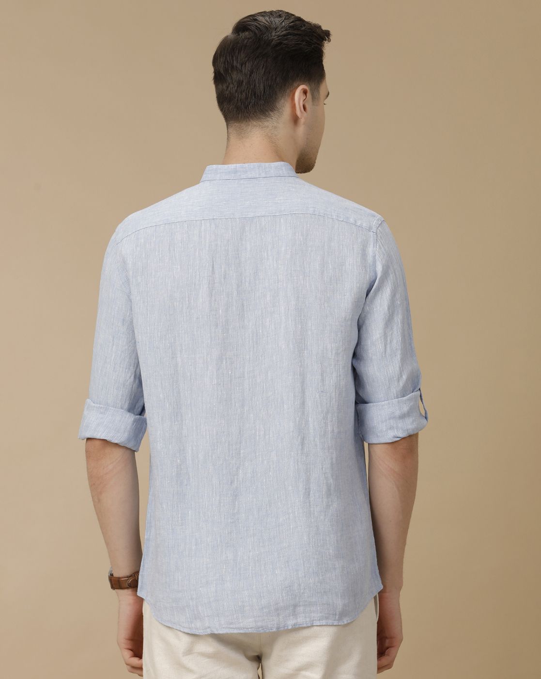 Men's Pure Linen Blue Solid Contemporary Fit Full Sleeve Casual Shirt